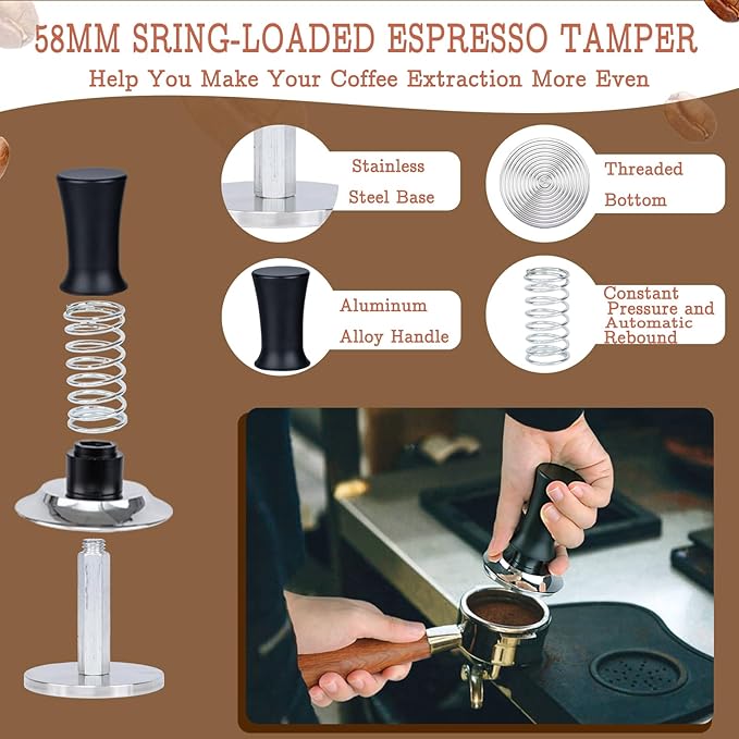 58mm Espresso Tamper Set - Spring-loaded Coffee Tamper, Adjustable Depth Espresso Distributor Leveler, Magnetic Dosing Funnel Aluminum Metal, Reusable Puck Screen, Fit for 58mm Portafilters