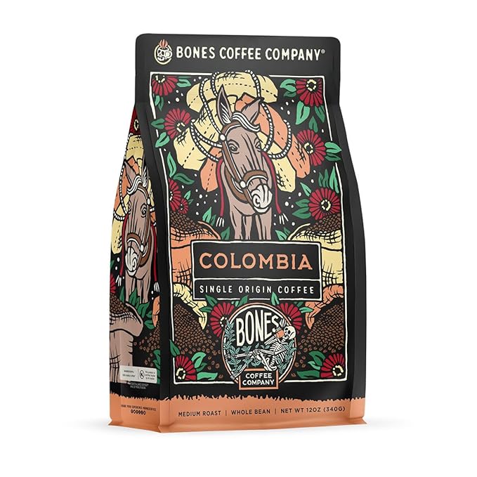 Bones Coffee Company Colombia Single-Origin Coffee, Almonds, Dried Fruit, Vanilla Notes, Flavored Whole Bean Coffee, Medium Roast Low Acid Arabica Beans, 12 oz Whole Bean