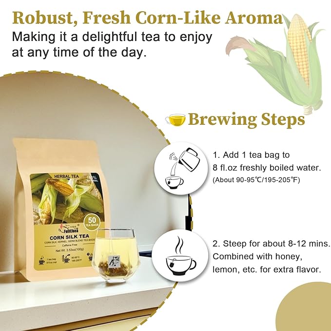 Fullchea - Corn Silk Tea Bags, 50 Counts - Subtly Sweet Flavor & Corn Aroma - Non-GMO - Caffeine-Free - Support Kidney & Aid Digestion