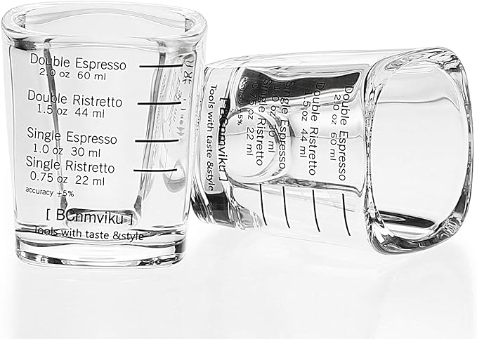 BCnmviku Espresso Shot Glasses Measuring Cup Liquid Heavy Glass for Baristas 2oz for Single Shot of Ristrettos (2 pack)