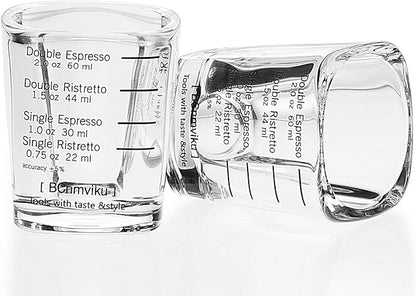 BCnmviku Espresso Shot Glasses Measuring Cup Liquid Heavy Glass for Baristas 2oz for Single Shot of Ristrettos (2 pack)