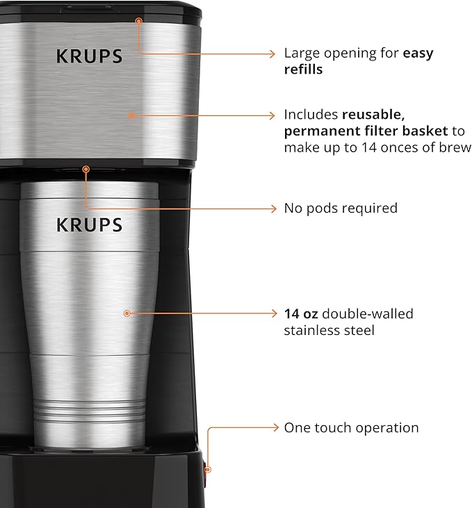 KRUPS: 2 Cup Coffee Maker, Simply Brew Stainless Steel Single Serve Drip Coffee Machine and Travel Tumbler 14 Ounce Stainless Steel Tumbler Included 650 Watts Coffee Filter, Compact Silver and Black