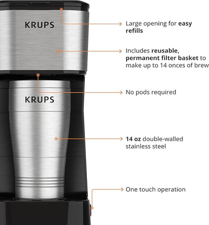 KRUPS: 2 Cup Coffee Maker, Simply Brew Stainless Steel Single Serve Drip Coffee Machine and Travel Tumbler 14 Ounce Stainless Steel Tumbler Included 650 Watts Coffee Filter, Compact Silver and Black