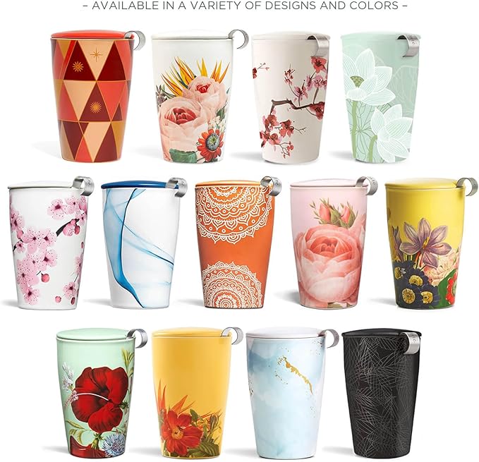 Tea Forte Wellbeing Double-Walled Ceramic Kati Cup with Removable Stainless Steel Infuser Basket and Lid, Steeps 12 oz Loose Leaf Tea, Lid and Cup Dishwasher & Microwave Safe