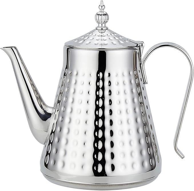 SANQIAHOME 1.6L(54oz) Stainless Steel Hammer Patterned Teapot With Removeable Infuser,Loose leaf cover,Silver
