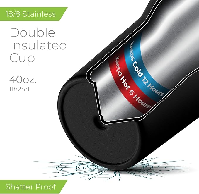 SIPX™ 40 oz Insulated Tumbler with Handle & Straw – Vacuum Insulated Stainless Steel, Leakproof, Cupholder Friendly – Perfect for Iced Coffee, Water & Travel – Black