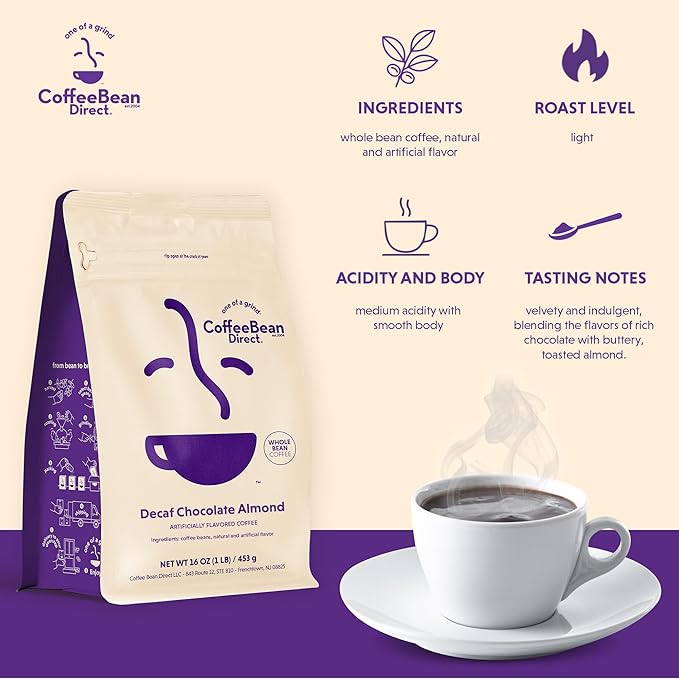 Coffee Bean Direct Decaf Chocolate Almond Flavored, Whole Bean Coffee, 1 Pound Bag (Pack of 1)