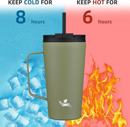 Insulated Tumbler with Handle and Straw, 18 OZ Travel Coffee Mug Stainless Steel Cup Metal Water Bottle,Camp Green