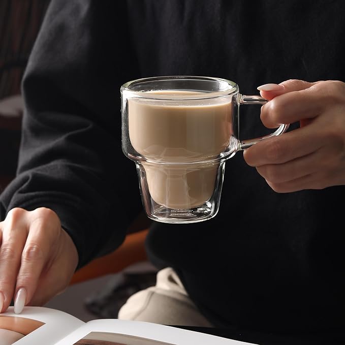 NIRA.Z 4 Pack Double Wall Glass Coffee Mugs 10 OZ Insulated Espresso Cups with Handle, Stackable Thermal Glass Coffee Cups, Ideal for Hot & Cold Drinks, Juice, Americano, Latte, Tea Bags, Cappuccinos
