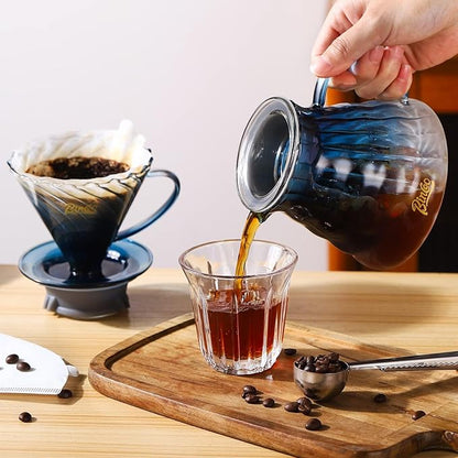 Bincoo Pour Over Coffee Maker Set with Dripper Size 02,600ml Glass Coffee Server Set,60 Angle Tapered Glass Coffee Dripper with Stand&Filter Paper for Home Office Gift (Blue)