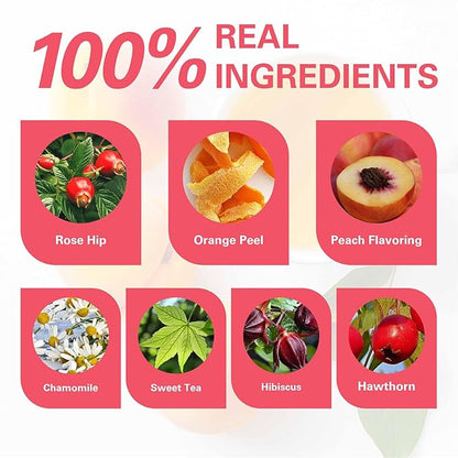 WT WEETEE Peach Herbal Tea Bags, Caffeine Free Tea Made with Rose Hip, Orange Peel, Hawthorn, Chamomile, Hibiscus & More, 100 Counts Peach and Herbs Good for Iced