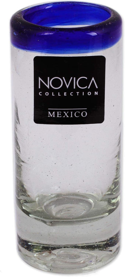 NOVICA Artisan Crafted Hand Blown Clear Blue Rim Recycled Glass Shot Glasses, 2 Oz. 'Tequila Blues' (Set Of 6)