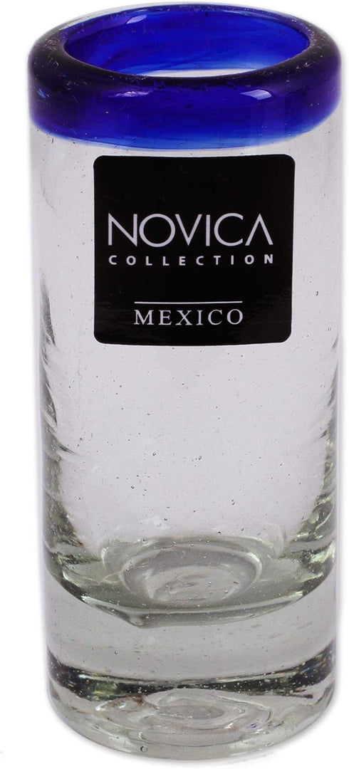 NOVICA Artisan Crafted Hand Blown Clear Blue Rim Recycled Glass Shot Glasses, 2 Oz. 'Tequila Blues' (Set Of 6)
