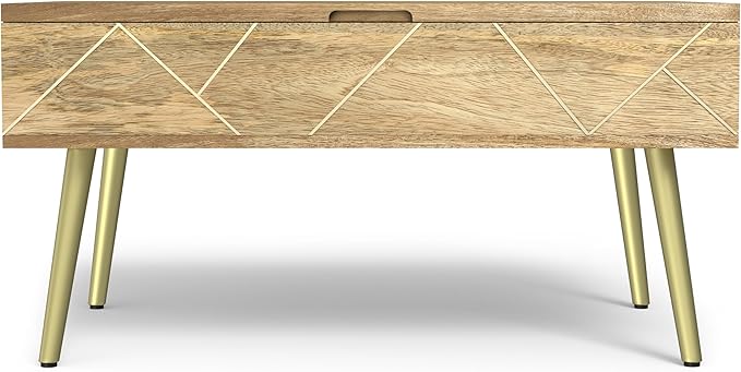 SIMPLIHOME Jager Lift Top Coffee Table - 36 inch Wide Solid Mango Wood Contemporary Modern Cocktail Table in Natural, Stylish Living Room Table with Hidden Storage, Brass Inlay, and Gold Metal Legs