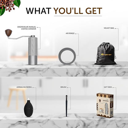 Manual Coffee Bean Grinder 5 in 1 Accessories 25G, Portable French Press 12 Adjustable Setting Espresso Grinder, Conical Coffee Burr Grinder with Double Bearing, Steel Body