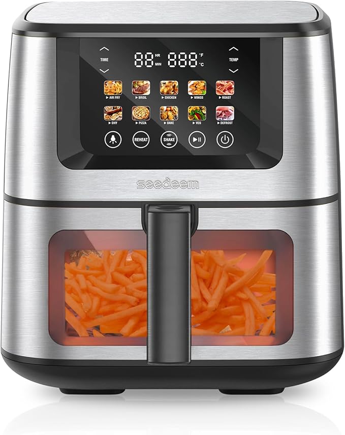 SEEDEEM Max XL Air Fryer 8QT, 10-in-1 Digital Air Fryer Oven with Color Touchscreen & Viewing Window, Toaster Oven Combo for Broil, Roast, Dehydrate, Bake – Silver