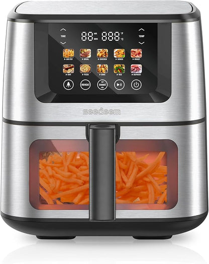 SEEDEEM Max XL Air Fryer 8QT, 10-in-1 Digital Air Fryer Oven with Color Touchscreen & Viewing Window, Toaster Oven Combo for Broil, Roast, Dehydrate, Bake – Silver