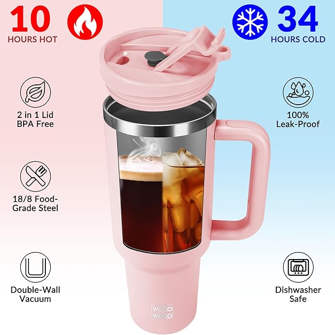 WETOWETO 40oz Tumbler with Handle and Lid | 100% Leakproof Insulated Stainless Steel Travel Mug | Keeps Cold 34Hrs/Hot 10Hrs | Dishwasher Safe, Fits Car Cup Holder (Blush Color)