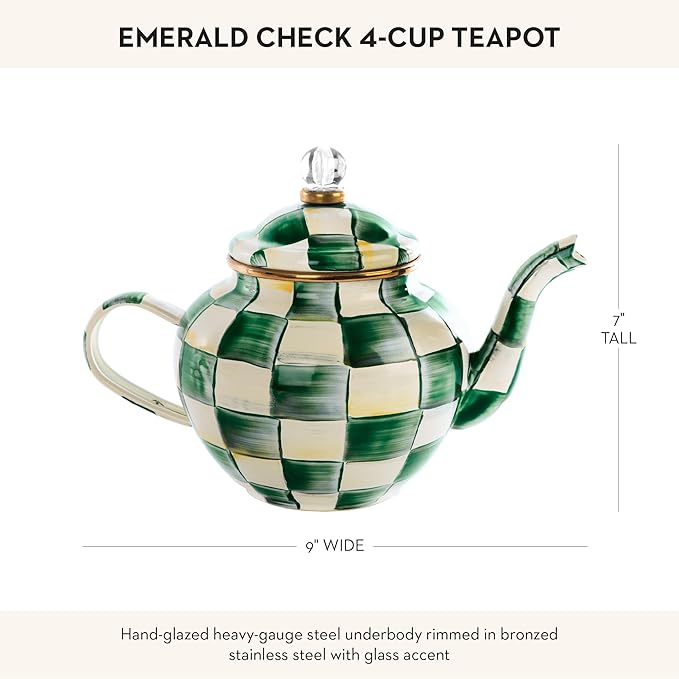 MACKENZIE-CHILDS Enamel Teapot, Cute Small Teapot with Lid, 4-Cup Capacity, Green-and-White Emerald Check
