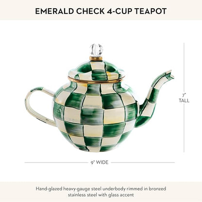MACKENZIE-CHILDS Enamel Teapot, Cute Small Teapot with Lid, 4-Cup Capacity, Green-and-White Emerald Check