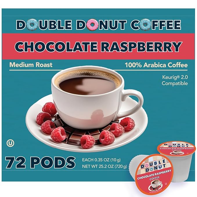 Double Donut Chocolate Raspberry Flavored Coffee Pods, Medium Roast Coffee, Compatible with Keurig K Cups Brewers, 72 Count