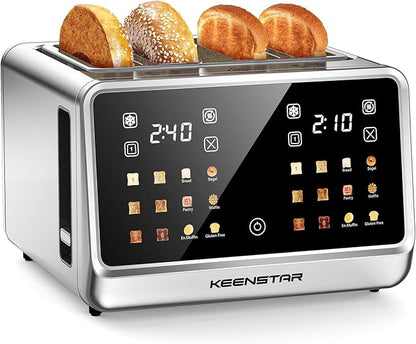 4 Slice Toaster with Touch Screen, Stainless Steel Smart Bread Toaster, 1.5" Wide Slots, 6 Shade Settings & 6 Bread Types for Bagels, Timer, Single Slice Toasting, Reheat, Defrost, 1800W