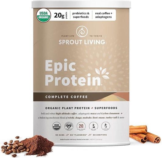 Sprout Living, Epic Protein, Plant Based Protein & Superfoods Powder, Complete Coffee | 20 Grams Organic Protein Powder, Adaptogens, Mushrooms, Vegan, Non-GMO, Gluten Free (2 Pound, 24 Servings)