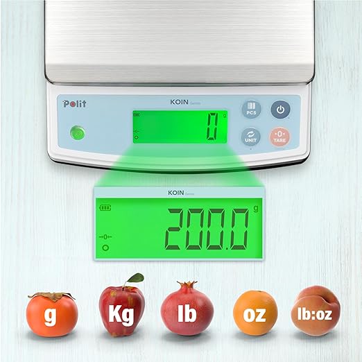 Polit KOIN Digital Food Scale 40lb – High-Capacity Rechargeable Kitchen & Packing Scale with Stainless Tray, 1g Precision and 3-Color Indicator for Baking, Meal Prep and Vendors