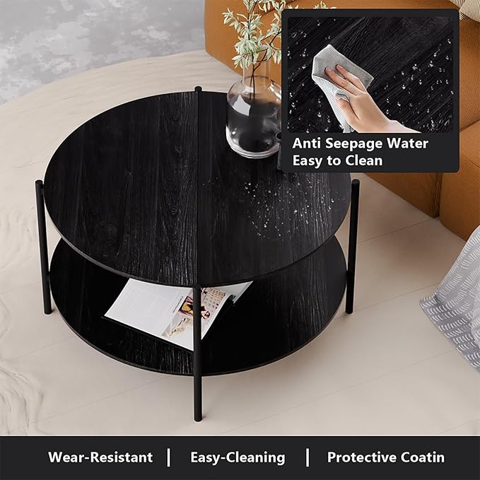 Round Coffee Table, 2-Tier 32.9" Circle Coffee Tables with Storage Wood Rustic Farmhouse Center Circular Coffee Table for Living Room Bedroom Balcony Office - Black