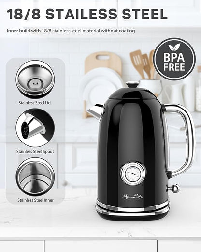 Harriet Electric Kettle, 1.8L Retro Electric Tea Kettle with Thermometer, 1500W Stainless Steel Hot Water Kettle Electric with LED Indicator, Fast Boiling, Cordless, Auto Shut-Off, Black