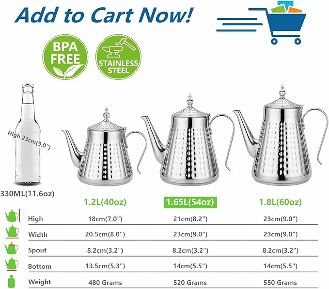 SANQIAHOME 1.6L(54oz) Stainless Steel Hammer Patterned Teapot With Removeable Infuser,Loose leaf cover,Silver