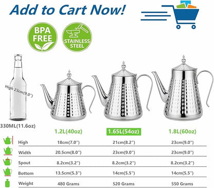 SANQIAHOME 1.6L(54oz) Stainless Steel Hammer Patterned Teapot With Removeable Infuser,Loose leaf cover,Silver