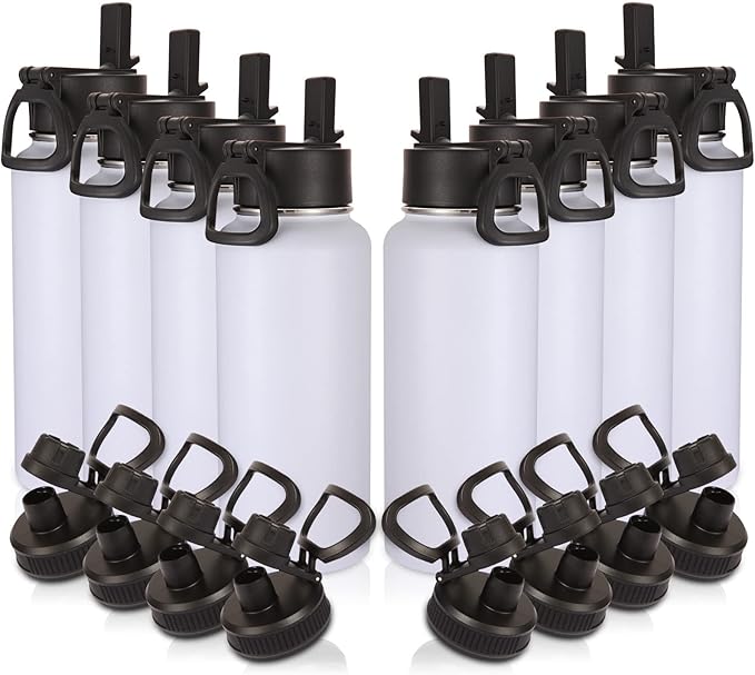 Volhoply 32oz Insulated Water Bottles Bulk 8 Pack with Straw Lid & Spout Lid,Not Suitable for Sublimation,Stainless Steel Sports Water Bottle,Double Wall Vacuum Cups,Metal Flask for Hiking(White,8)