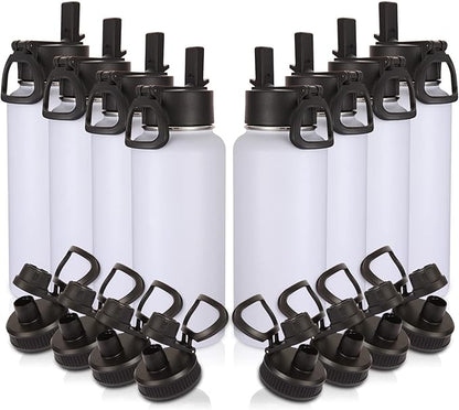 Volhoply 32oz Insulated Water Bottles Bulk 8 Pack with Straw Lid & Spout Lid,Not Suitable for Sublimation,Stainless Steel Sports Water Bottle,Double Wall Vacuum Cups,Metal Flask for Hiking(White,8)