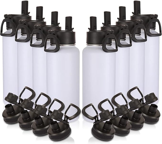Volhoply 32oz Insulated Water Bottles Bulk 8 Pack with Straw Lid & Spout Lid,Not Suitable for Sublimation,Stainless Steel Sports Water Bottle,Double Wall Vacuum Cups,Metal Flask for Hiking(White,8)
