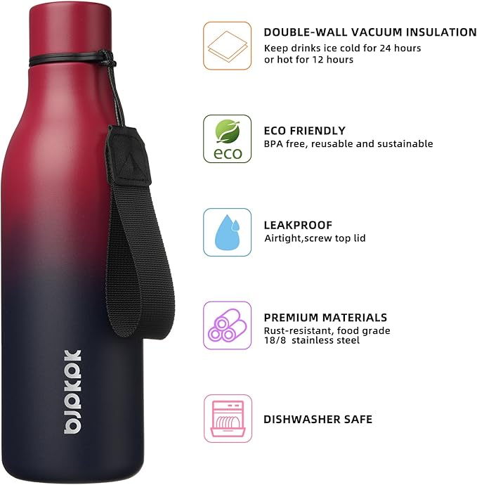 BJPKPK Insulated Water Bottles, 18 oz Stainless Steel Metal Water Bottle with Strap, BPA Free Leak Proof Jugs, Mugs, Flasks, Reusable Thermal Flasks for Sports & Travel,Charming Red