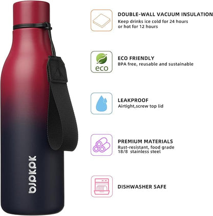 BJPKPK Insulated Water Bottles, 18 oz Stainless Steel Metal Water Bottle with Strap, BPA Free Leak Proof Jugs, Mugs, Flasks, Reusable Thermal Flasks for Sports & Travel,Charming Red