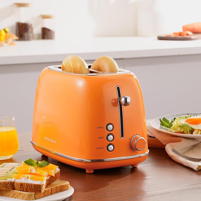 Roter Mond 2 Slice Toaster Retro Stainless Steel with Bagel, Cancel, and Defrost Functions, 6 Bread Shade Settings, Extra Wide Slots and Removable Crumb Tray, Orange