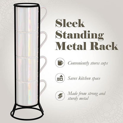 American Atelier Ceramic Mini Espresso Cups Set of 4, 3oz - Stackable Tiny Mugs for Small Shots of Coffee with Metal Stand - Use Demitasse Espresso Mug Racks for Any Kitchen or Café (Pearlized)