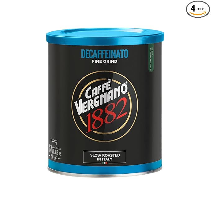 Caffè Vergnano Decaf Italian Ground Coffee, 4 Pack – 100% Arabica for Moka, Intensity Level 6 – Rich, Full Flavor Without Caffeine, Notes of Dried Fruit, Cocoa & Caramel - 8.82 oz Tins