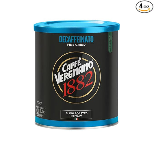 Caffè Vergnano Decaf Italian Ground Coffee, 4 Pack – 100% Arabica for Moka, Intensity Level 6 – Rich, Full Flavor Without Caffeine, Notes of Dried Fruit, Cocoa & Caramel - 8.82 oz Tins