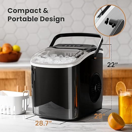 Countertop Ice Maker Machine with Handle, Portable Maker, 27lbs/24Hrs, 7Mins/9 Pcs ice Cubes, Self-Cleaning Table Top Maker with Ice Basket/Scoop, for Home/Kitchen/Office(Stainless Steel Black)