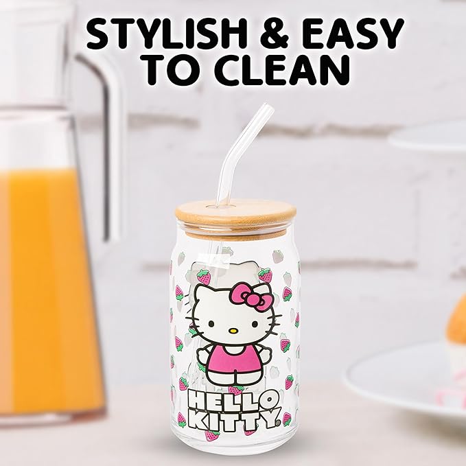 Silver Buffalo Sanrio Hello Kitty Strawberry Glass Jar Tumbler with Bamboo Lid and Glass Straw, 16 Ounces