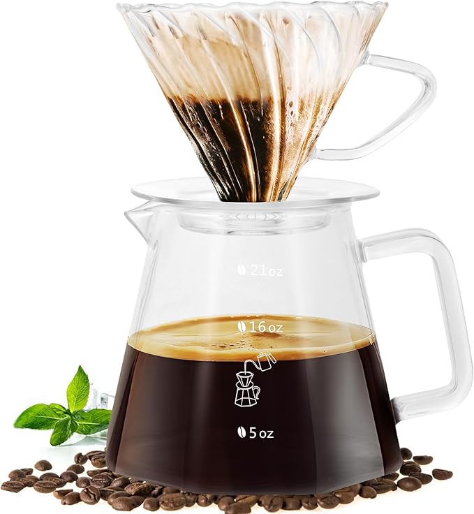 21oz Pour Over Coffee Maker Set, V60 Glass Coffee Dripper, Octagonal Shape Coffee Pot with 40Pcs Filter Paper Gift Set