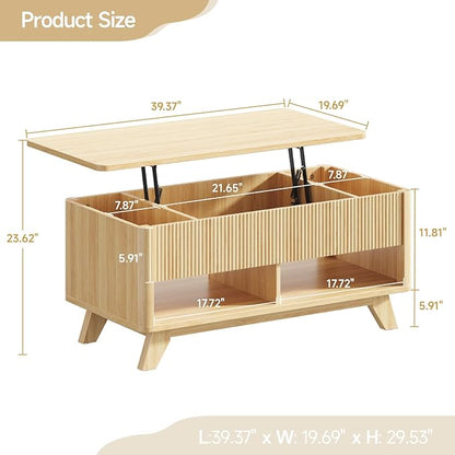Farmhouse Lift Top Coffee Table, Mid Century Modern Coffee Table with Hidden Storage Compartment, Fluted Rising Pull up Wood Modern Center for Living Room, Office, Natural Oak