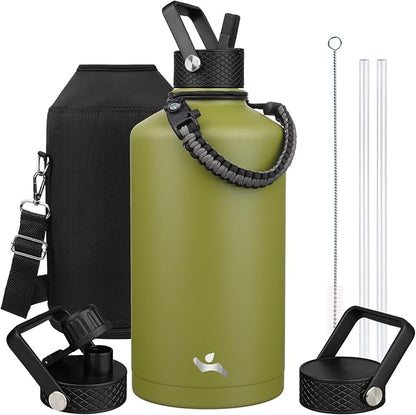 Gallon Insulated Water Bottle with Straw,128 oz 3 Lids Water Jug with Carrying Bag,Paracord Handle, Double Wall Vacuum Stainless Steel Metal Flask,Forest Green