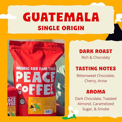 Peace Coffee Guatemala Single Origin Coffee | 5 lb Ground Dark Roast | Organic Fair Trade | Rich, Chocolatey Flavor | Shade Grown, Fresh Roasted