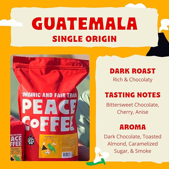 Peace Coffee Guatemala Single Origin Coffee | 5 lb Whole Bean Dark Roast | Organic Fair Trade | Rich, Chocolatey Flavor | Shade Grown, Fresh Roasted