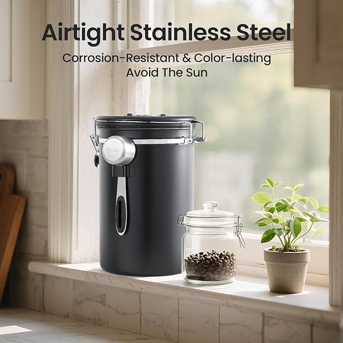 Veken Coffee Canister, 39OZ Large, Airtight Stainless Steel Food Storage Container for 2.2lbs Coffee Beans, Ground, Sugar, Tea, Flour, Cereal, Kitchen Bar Accessories with Date Tracker & Scoop, Black