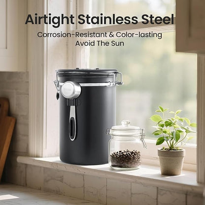 Veken Coffee Canister, 39OZ Large, Airtight Stainless Steel Food Storage Container for 2.2lbs Coffee Beans, Ground, Sugar, Tea, Flour, Cereal, Kitchen Bar Accessories with Date Tracker & Scoop, Black